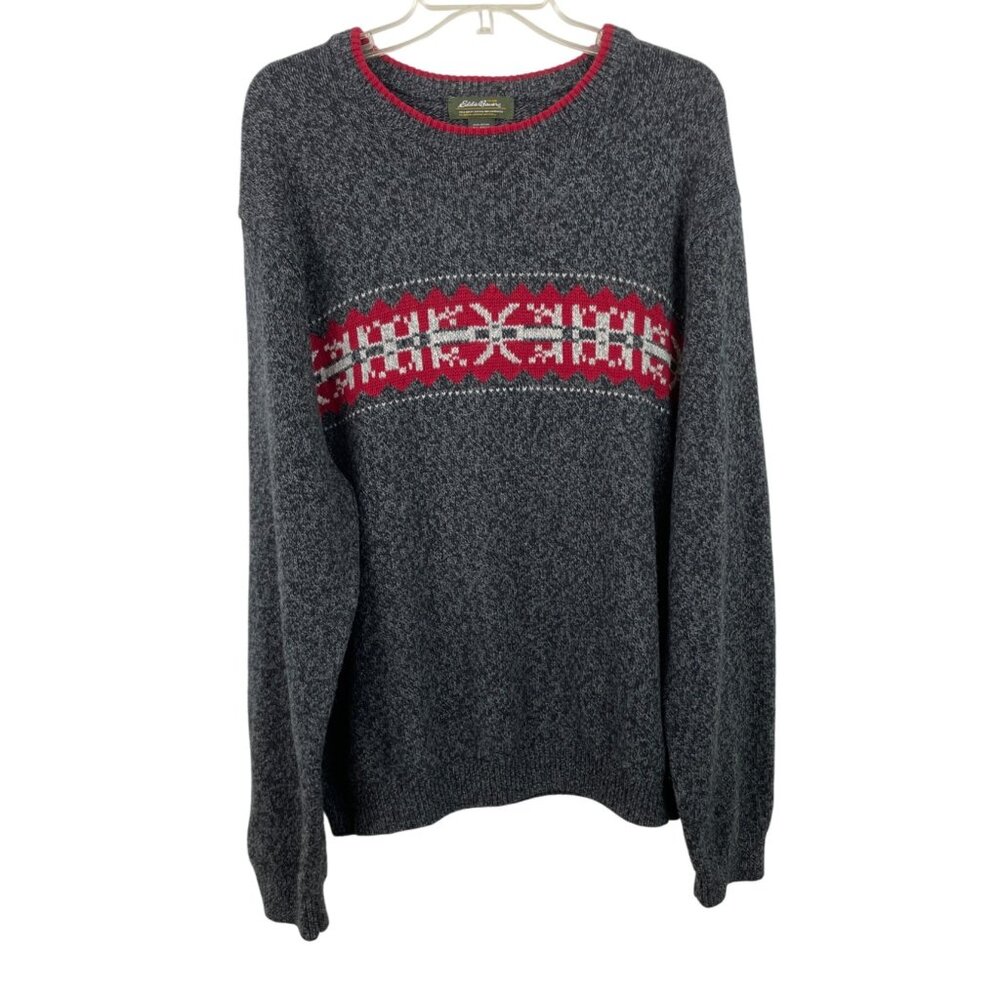 Eddie Bauer Mens Nordic Pattern Sweater XXL Gray & Red Wool Blend Crewneck